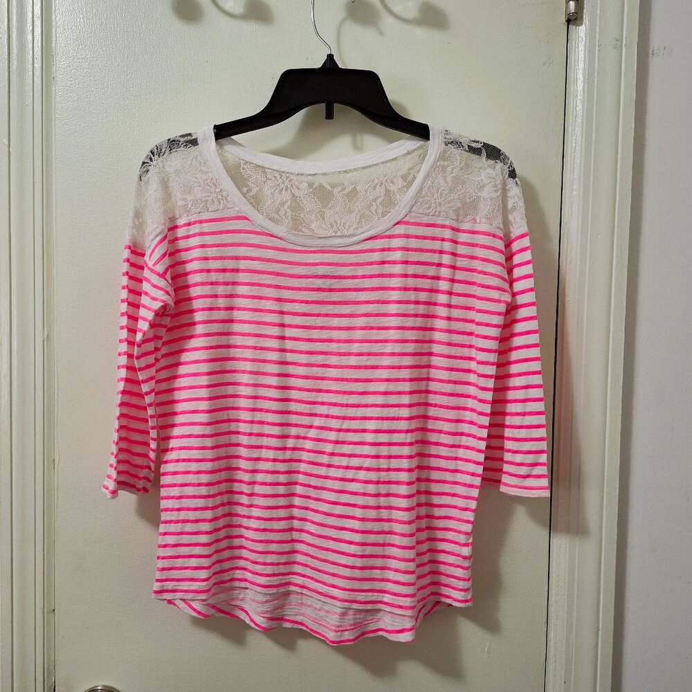 Express Hot Pink Stripe White Lace Tee Size XS/TP